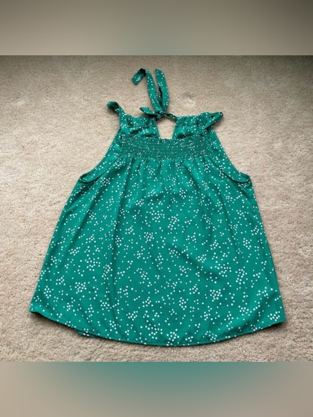 West Kei Smocked Tie Back Tank Top Blouse - Size L - EUC - Green w/ White Dots